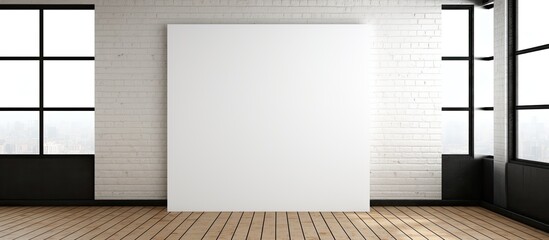 Canvas Print - A rectangular room with hardwood flooring and a wooden fixture on the ceiling. It features a large white poster on the wall and a glass door