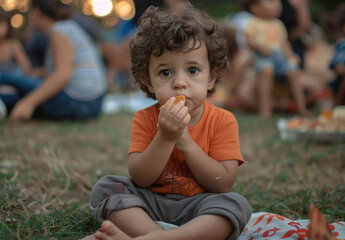 A little boy sits on the lawn in an orange T-shirt and gray pants, eating chips from his hand with his fingers. People are behind him at a summer picnic at sunset in the park