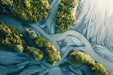 Aerial View Of River With Trees, Nature Pattern Abstract.