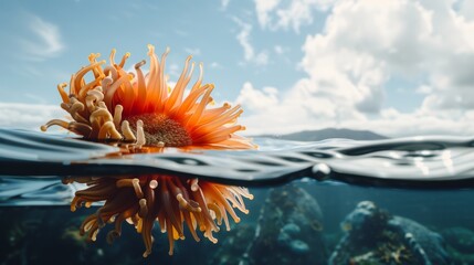 Wall Mural - Orange flower-like structure floating on water, conceptual art.