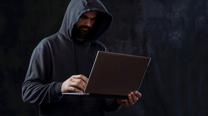 Hacker man with hoodie suit holding a laptop computer on dark black background