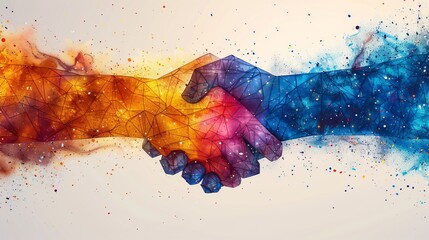 Aufkleber - The stars and the universe are depicted in a starry sky with a handshake on a white background. Modern business illustration with a mash up of lines and points.