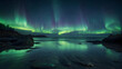Photoreal as Ethereal Shores Concept As A secluded beach where the northern lights dance above mirrored by the calm sea, Full depth of field, clean light, high quality ,include copy space, No noise, c