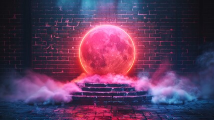 Poster - Smoke and spotlight illuminate an empty neon scene.
