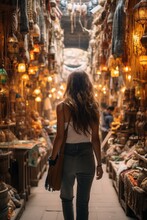 A Solo Traveler Wandering Through An Ancient Bazaar Filled With Exotic Spices, Textiles, And Trinkets From Distant Lands