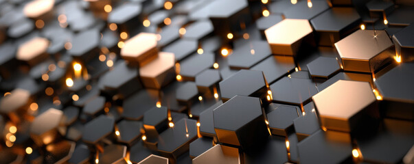 Wall Mural - An abstract technological modern hexagonal background features a stylish blend of black chrome and rich gold colors, enhanced by captivating highlights that lend depth and allure to the design.