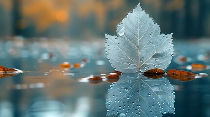 Canvas Print - Transparent white leaf on mirror surface reflected on turquoise background macro. Dreamy image of nature, free space, ship in water.