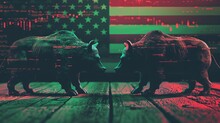 Stock market green red color economy. USA flag background. Trends economic Effect recession on US economy. Stock crash market exchange loss trading. Bull and bear fighting concept stock market