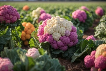 Ripe cauliflower in the field ready for harvest. agriculture, farming and harvesting concept