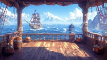 Wooden Deck Onboard A Pirate Ship, Boat With Cannon, Wood Boxes, Barrel, Hold Door, Mast With Ropes, Lantern, And Skull Buccaneer Flag On A Rocky Seascape Cartoon Background