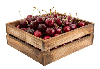 Wall Mural - Wooden box with fresh cherries isolated on white or transparent background