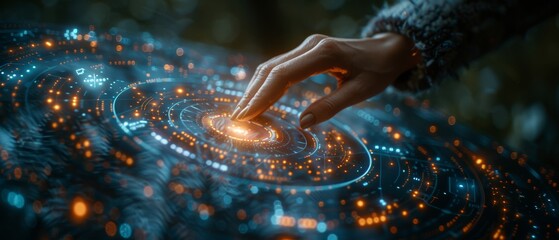 Aufkleber - The interface of the smart home automation assistant is a circular circle on a virtual screen with a user touching the buttons to control their operation