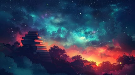 Leinwandbilder - Ladder leading to the book, an e-learning or e-book concept. Modern illustration on a dark night background.