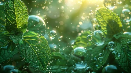 Fototapete - Underwater air flow with a mint leaf creates a menthol aromatic aroma and a refreshing effervescent taste. Modern illustration.