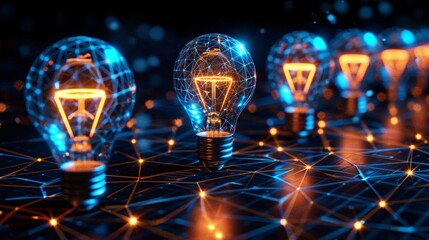 Aufkleber - A blue solar panel with a light bulb. Renewable energy. Geometric background. Wireframe structure for light connections. Modern 3D graphic concept. Isolated modern illustration.