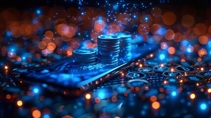 Aufkleber - In this drawing, blue coins fly from the smartphone and stack on the ground. Cashback concept. Geometric background. Wireframe light connection structure. Modern 3D graphic. Modern illustration.