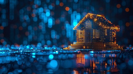 Aufkleber - Blue glowing pile of coins and house icon. Real estate concept. Low poly style. Geometric background. Wireframe light connection structure. Modern 3D graphic background. Modern illustration.