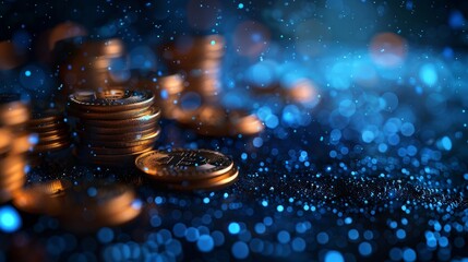 Leinwandbilder - The concept of saving money with an abstract coin pile with falling coins. Blue geometric background. Wireframe light connection structure. Modern 3D graphic. Isolated modern illustration.