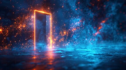 Aufkleber - Conceptual illustration of a futuristic wireframe glowing doorway at the end of a digital path. Modern illustration on a blue background.