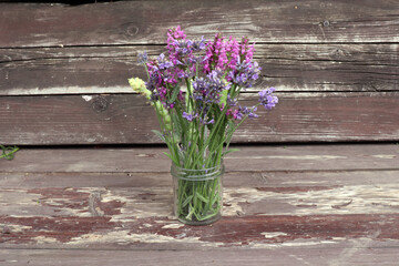 Wall Mural - Betonica officinalis, common names betony, purple betony, common hedgenettle - flowering plant isolated on wood background. Medicinal plants.Empty space for your text.