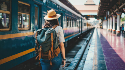 Young asian woman traveler with backpack in the railway,