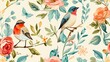 seamless floral pattern with cute birds in spring