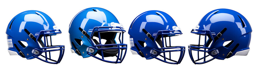 Set of modern blue football safety helmets, sports protection for the head. Isolated on a transparent background. PNG