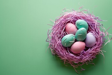 Wall Mural - Pastel colored candy eggs in a magenta nest on a green background.