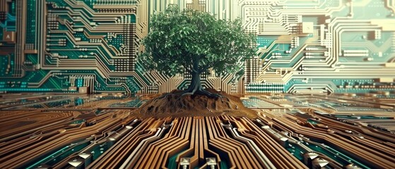 Poster - There is a tree with soil growing on the converging point of a computer circuit board. There is blue light and wireframes of networks as a background. GCR, GIT, and IT ethics are all concepts