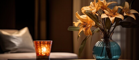 Canvas Print - A beautiful vase filled with colorful flowers sits on a table next to a flickering candle, creating a lovely ambiance for the event