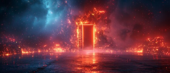 Aufkleber - A futuristic door in cyberspace. A metaverse portal in a digital world. A gate to a virtual reality. A virtual universe door.