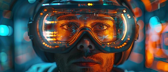 Poster - In futuristic computer technology concept, a program creator is wearing a headset and entering programm text into a VR interface. A code developer is writing code in a programming environment. Code is