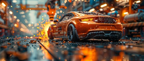 Poster - A robot assembles a car on an automotive production line. An automated 3D robotic arm fuses the body of the vehicle, sets the wheels, and assembles the windscreen. On the production line of an
