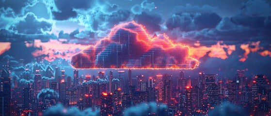 Poster - The concept of Cloud Computing. Remote cloud data storage with company network. Remote cloud services. Download and upload data online. Digital cloud icon over smart city. IoT technology.