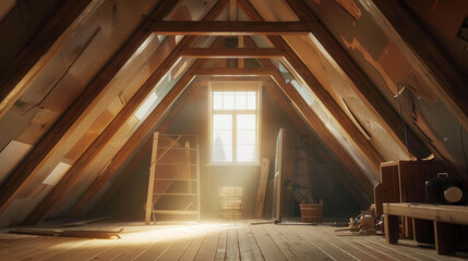  Sunbeams illuminate an attic under renovation, filled with wooden planks and construction tools.
