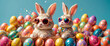 Easter bunny pop up from colorful painted easter eggs, magical and sparkling glittery, colorful, confetti, and festive easter	