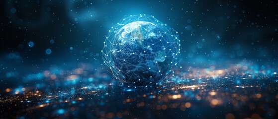 Fototapete - The abstract planet Earth is behind a futuristic blue shield. Environmental protection concept. Low poly style. Blue geometric background. Wireframing structure. Modern 3D graphic concept.