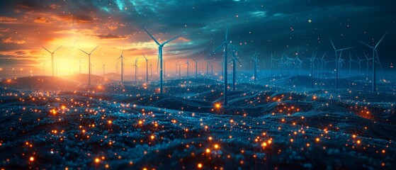 Poster - An abstract blue wind turbine on planet earth. Concept of renewable energy. Alternative source of energy. Low poly. Geometric wireframe structure. Digital graphics.  illustration.