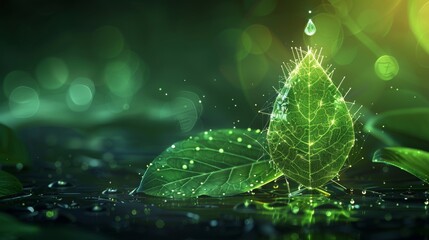 Aufkleber - A falling drop of water with green leaves with a low poly style. Abstract geometric background with a wireframe light connection structure. An ecological concept designed in modern 3D graphics. An