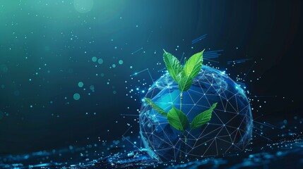 Aufkleber - Green plants sprout from the surface of a blue planet. Geometric background. Modern 3D graphic.  illustration.