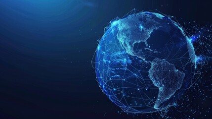 Leinwandbilder - In an abstract blue glowing planet Earth, a power button appears. Low poly style design. Geometric background. A wireframe light connection structure appears. Modern 3D graphic.  illustration.