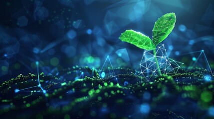 Poster - An illustration showing a green plant sprout with cogwheels. Biotechnology concept. Low poly style design. Abstract blue geometric background. Wireframe light connection structure. Isolated
