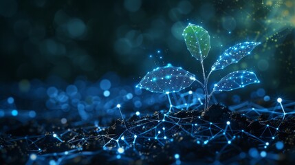 Aufkleber - A growing plant in soil with a drop of water. Design in low poly style. Blue geometric background. Wireframe light connections. Isolated  illustration.