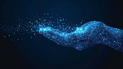 Aufkleber - Blue abstract hand holding coins and falling coins. Modern 3D graphic geometric background. Wireframe light connection structure.  illustration.