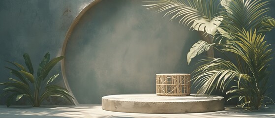 Leinwandbilder - Stone and concrete podium on natural green background. Empty show for presenting cosmetic products. Tone of green leaves is used as a backdrop. A mockup of the pedestal can be seen in the background.