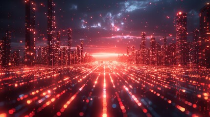 Aufkleber - A pixelated image of a virtual reality world by using digital technology, especially 3D renderings with lines and digital elements in the HUD. A moving matrix of particles in the cyber city space and