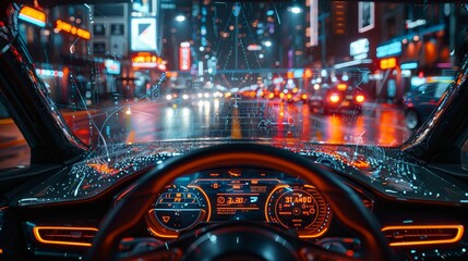 Poster - In this futuristic autonomous self-driving concept car, the head-up display shows infographics on speed, distance, navigation, fuel usage, and road scanning, all displayed in the driver's seat POV FPV