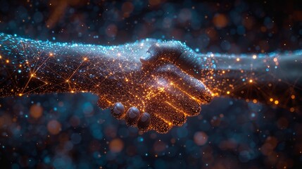 Aufkleber - In this abstract image two hands of a handshake are seen through a starry sky, with plexus lines and points cut out. It is a symbol of future or innovation, with particles connected in a geometric