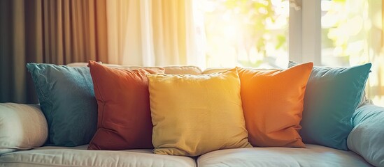 Wall Mural - Amber liquid in a glass rests on the peach flooring beside the magenta couch with many colorful pillows. A comfortable spot by the window to drink and relax