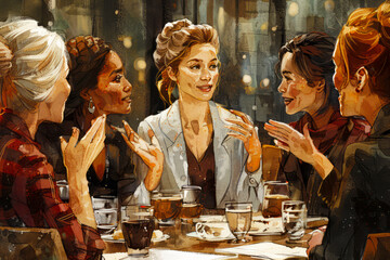 Wall Mural - Empowered Female Executives Collaborate and Celebrate Success at Cafe Business Meeting